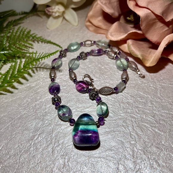 Natural Fluorite 925 Sterling silver Necklace. Large Tri-color Fluorite Pendant - Picture 4 of 15